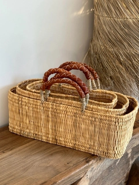 Reed Basket with Leather Handles Small