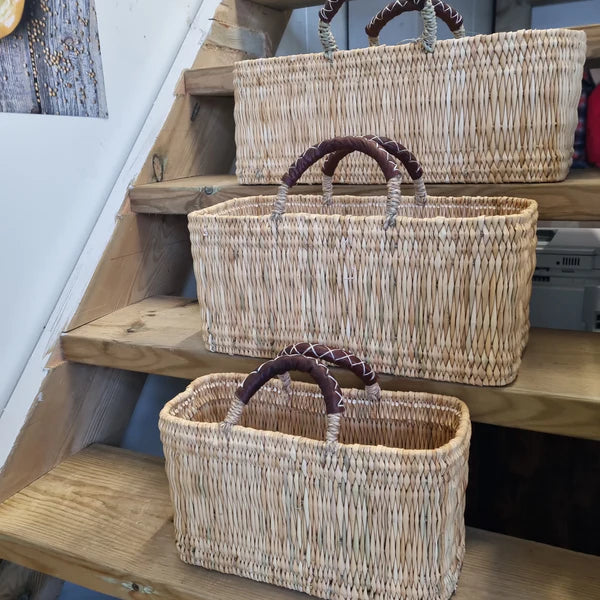 Reed Basket with Leather Handles Small