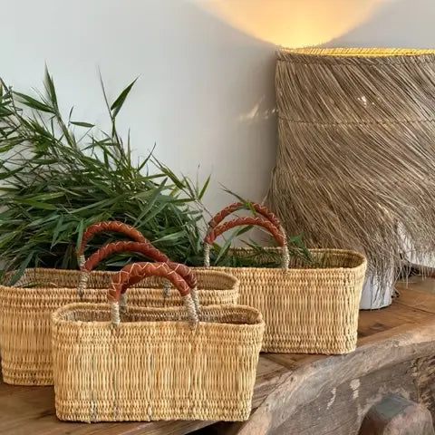 Reed Basket with Leather Handles Large